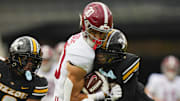 Oct 11, 2025; Columbia, Missouri, USA; (Editors note: Alternate crop) Missouri Tigers safety Marvin Burks (1) injures Alabama Crimson Tide wide receiver Derek Meadows (30) and is ejected for targeting during the first half of the game at Faurot Field at Memorial Stadium. Mandatory Credit: Jay Biggerstaff-Imagn Images