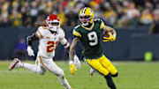 Dec 3, 2023; Green Bay, Wisconsin, USA;  Green Bay Packers wide receiver Christian Watson (9) 