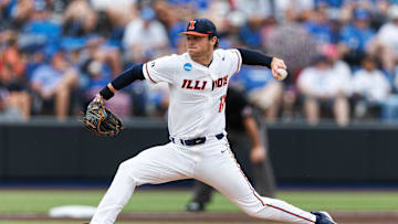 Jun 1, 2024; Lexington, KY, USA; Illinois Fighting Illini pitcher Payton Hutchings (12) throws against the Kentucky Wildcats during the second inning at Kentucky Proud Park. Mandatory Credit: Jordan Prather-Imagn Images