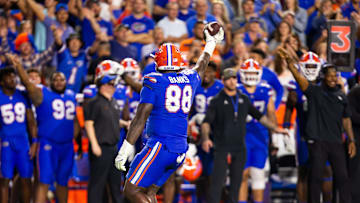 Florida Gators defensive lineman Caleb Banks (88) comes up the fumble during the second half at Ben Hill Griffin Stadium in Gainesville, FL on Saturday, November 16, 2024. The Gators defeated the Tigers 27-16. [Doug Engle/Gainesville Sun]