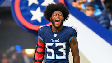 Oct 13, 2024; Nashville, Tennessee, USA;  Tennessee Titans linebacker Ernest Jones, IV screams during pregame warmups against the Indianapolis Colts at Nissan Stadium. Mandatory Credit: Steve Roberts-Imagn Images