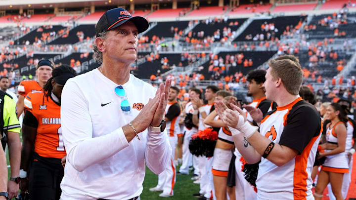 Oklahoma State Interim Head Coach/Offensive Coordinator Doug Meacham walks off the field following the college football game between the Oklahoma State Cowboys and the Baylor Bears at Boone Pickens Stadium in Stillwater, Okla., Saturday, Sept. 27, 2025.