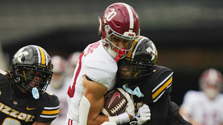 Oct 11, 2025; Columbia, Missouri, USA; (Editors note: Alternate crop) Missouri Tigers safety Marvin Burks (1) injures Alabama Crimson Tide wide receiver Derek Meadows (30) and is ejected for targeting during the first half of the game at Faurot Field at Memorial Stadium. Mandatory Credit: Jay Biggerstaff-Imagn Images Oct 11, 2025; Columbia, Missouri, USA; (Editors note: Alternate crop) Missouri Tigers safety Marvin Burks (1) injures Alabama Crimson Tide wide receiver Derek Meadows (30) and is ejected for targeting during the first half of the game at Faurot Field at Memorial Stadium. Mandatory Credit: Jay Biggerstaff-Imagn Images