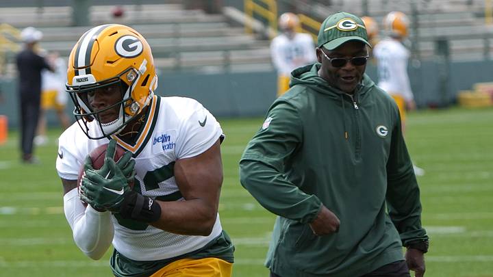 Jun 11, 2024; Green Bay, WI, USA; Green Bay Packers running back MarShawn Lloyd (32) drills during minicamp. Mandatory Credit: Mark Hoffman-Imagn Images