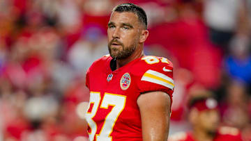 Oct 12, 2025; Kansas City, Missouri, USA; Kansas City Chiefs tight end Travis Kelce (87) warms up prior to a game against the Detroit Lions at GEHA Field at Arrowhead Stadium. Mandatory Credit: Jay Biggerstaff-Imagn Images