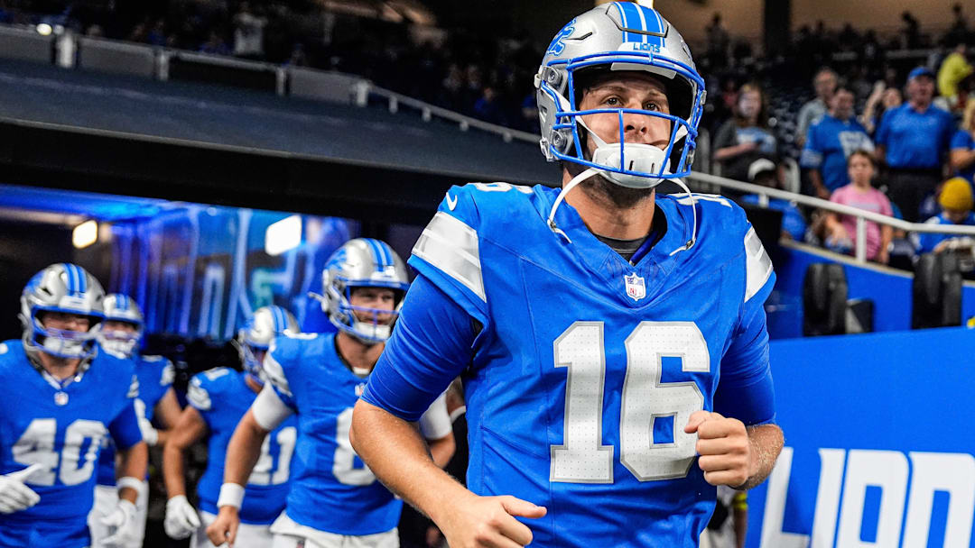 Detroit Lions quarterback Jared Goff (16) takes the field for practice ahead the Houston Texans game at Ford Field in Detroit on Saturday, August 23, 2025.