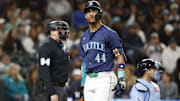 Seattle Mariners center fielder Julio Rodriguez walks to the dugout after striking out against the Tampa Bay Rays on Aug. 27 at T-Mobile Park.