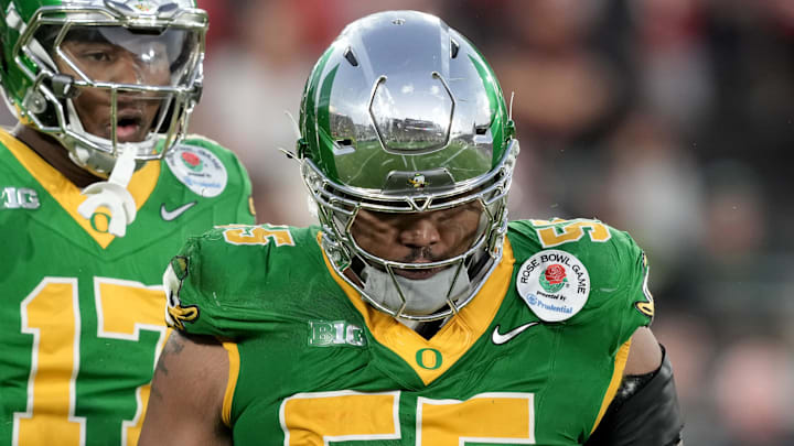 Jan 1, 2025; Pasadena, CA, USA; Oregon Ducks defensive lineman Derrick Harmon (55) reacts in the second half against the Ohio State Buckeyes in the 2025 Rose Bowl college football quarterfinal game at Rose Bowl Stadium. Mandatory Credit: Kirby Lee-Imagn Images