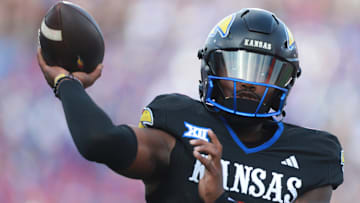 Kansas Jayhawks quarterback Jalon Daniels (6) throws a pass during the first half of the game against West Virginia Mountaineers at David Booth Kansas Memorial Stadium on Sept. 20, 2025.