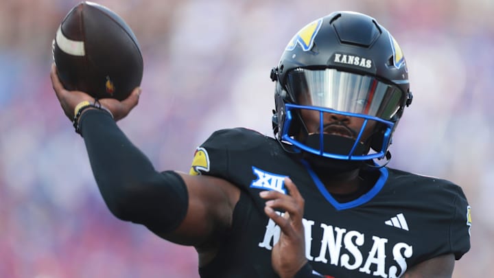Kansas Jayhawks quarterback Jalon Daniels (6) throws a pass during the first half of the game against West Virginia Mountaineers at David Booth Kansas Memorial Stadium on Sept. 20, 2025.