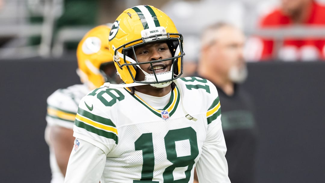 Oct 19, 2025; Glendale, Arizona, USA; Green Bay Packers wide receiver Malik Heath (18) against the Arizona Cardinals at State Farm Stadium. Mandatory Credit: Mark J. Rebilas-Imagn Images
