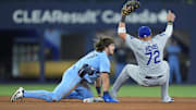 Oct 31, 2025; Toronto, Ontario, CAN; Los Angeles Dodgers second baseman Miguel Rojas (72) makes a double play against Toronto Blue Jays third baseman Addison Barger (47) in the ninth inning during game six of the 2025 MLB World Series at Rogers Centre. Mandatory Credit: John E. Sokolowski-Imagn Images