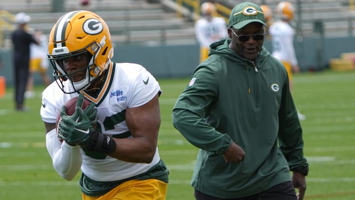 Green Bay Packers running back MarShawn Lloyd (32) goes through drills during minicamp. He is on course to play in Week 1.