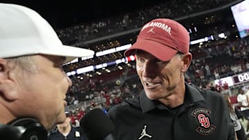 Nov 15, 2025; Tuscaloosa, Alabama, USA;  Oklahoma Sooners head coach Brent Venables is interviewed on the field after Oklahoma defeated the Alabama Crimson Tide 23-21 at Saban Field at Bryant-Denny Stadium. Oklahoma defeated Alabama 23-21.