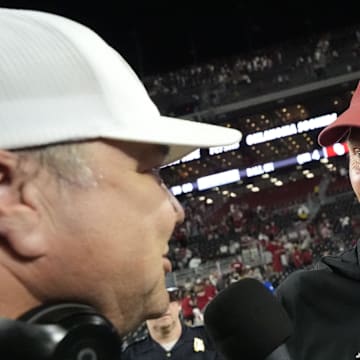 Nov 15, 2025; Tuscaloosa, Alabama, USA;  Oklahoma Sooners head coach Brent Venables is interviewed on the field after Oklahoma defeated the Alabama Crimson Tide 23-21 at Saban Field at Bryant-Denny Stadium. Oklahoma defeated Alabama 23-21.