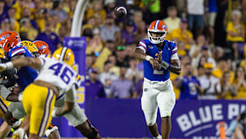 Sep 13, 2025; Baton Rouge, Louisiana, USA;  Florida Gators quarterback DJ Lagway (2) passes against LSU Tigers linebacker Tylen Singleton (46) during the second half at Tiger Stadium. Mandatory Credit: Stephen Lew-Imagn Images