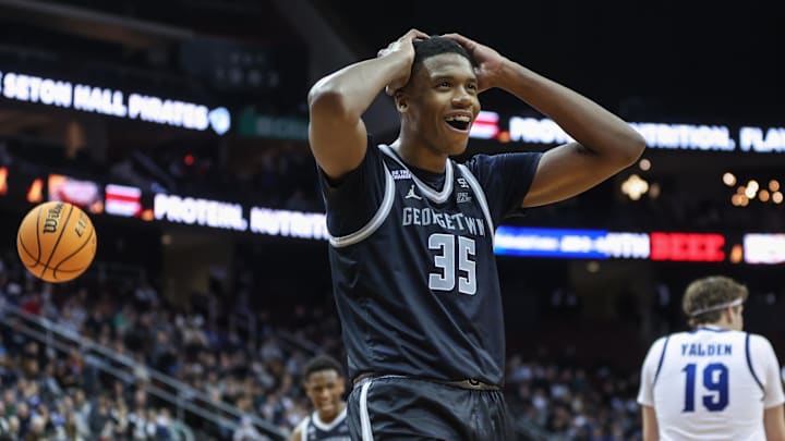 Dec 22, 2024; Newark, New Jersey, USA; Georgetown Hoyas forward Thomas Sorber (35) reacts to a call in the second half against the Seton Hall Pirates at Prudential Center. Mandatory Credit: Wendell Cruz-Imagn Images