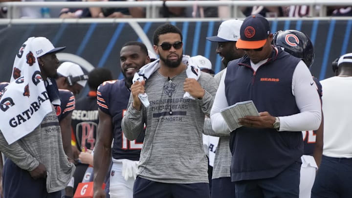 Aug 10, 2025; Chicago, Illinois, USA; Chicago Bears quarterback Caleb Williams (18) on the sidelines against the Miami Dolphins during the second half at Soldier Field. Mandatory Credit: David Banks-Imagn Images