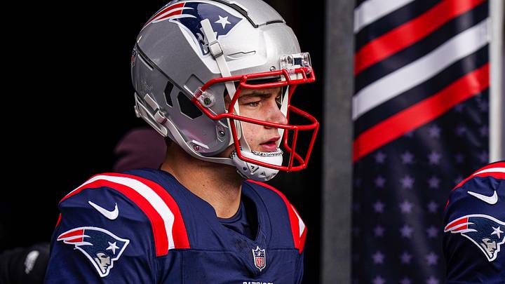 Jan 5, 2025; Foxborough, Massachusetts, USA; New England Patriots quarterback Drake Maye (10) walks to the field to warm up before the start of the game against the Buffalo Bills at Gillette Stadium. Mandatory Credit: David Butler II-Imagn Images