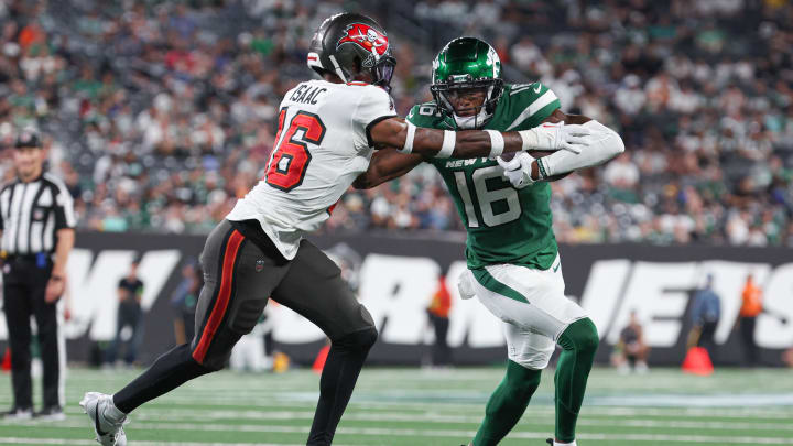 Aug 19, 2023; East Rutherford, New Jersey, USA; New York Jets wide receiver Jason Brownlee (16) is tackled by Tampa Bay Buccaneers cornerback Keenan Isaac (16) during the second half at MetLife Stadium. Mandatory Credit: Vincent Carchietta-USA TODAY Sports