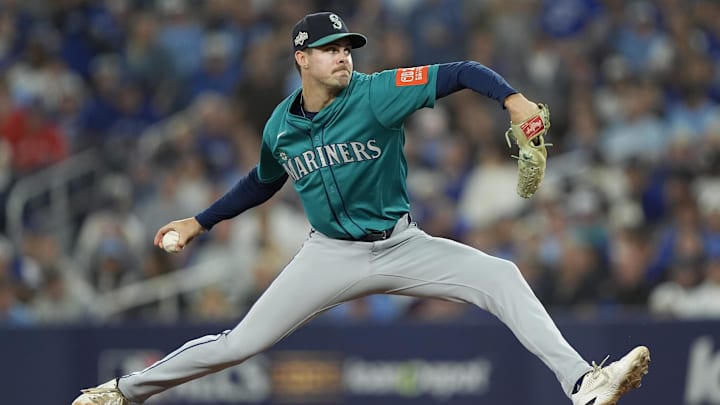 Oct 19, 2025; Toronto, Ontario, CAN; Seattle Mariners pitcher Matt Brash (47) pitches against the Toronto Blue Jays in the seventh inning during game six of the ALCS round for the 2025 MLB playoffs at Rogers Centre. Mandatory Credit: John E. Sokolowski-Imagn Images