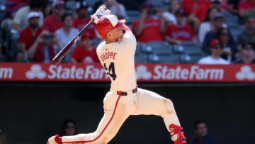 Los Angeles Angels catcher Logan O'Hoppe (14) hits a game winning 2-run home run