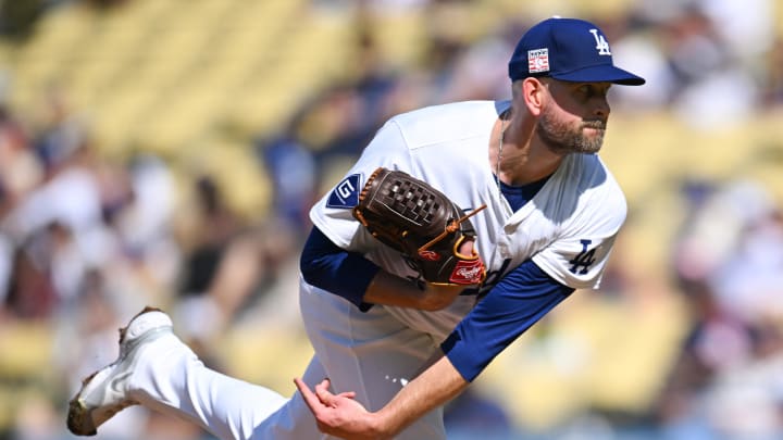 Jul 21, 2024; Los Angeles, California, USA; Los Angeles Dodgers pitcher James Paxton (65) throws a pitch against the Boston Red Sox during the first inning at Dodger Stadium. Mandatory Credit: Jonathan Hui-USA TODAY Sports