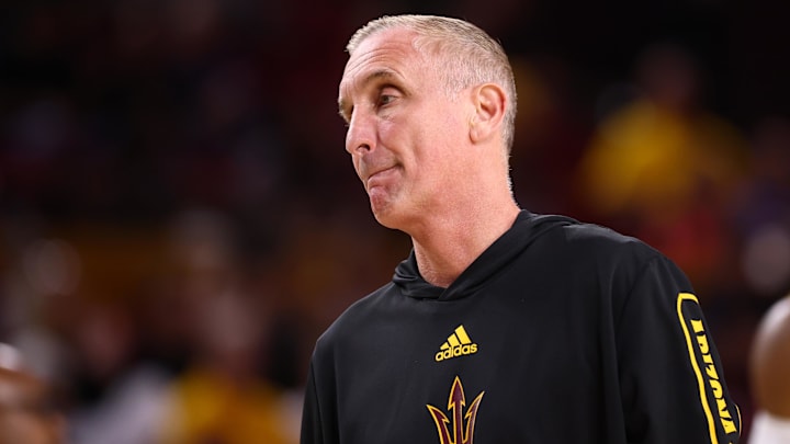 Feb 28, 2026; Tempe, Arizona, USA; Arizona State Sun Devils head coach Bobby Hurley against the Utah Utes at Desert Financial Arena. Mandatory Credit: Mark J. Rebilas-Imagn Images
