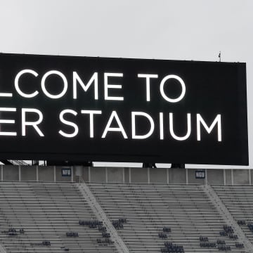 A general view of a video board inside Beaver Stadium prior to a football game between the Penn State Nittany Lions and the Illinois Fighting Illini. 