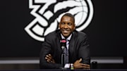 Sep 30, 2024; Toronto, Ontario, Canada; Toronto Raptors vice chairman and team president Masai Ujiri  talks to the media during media day at Scotiabank Area. Mandatory Credit: John E. Sokolowski-Imagn Images