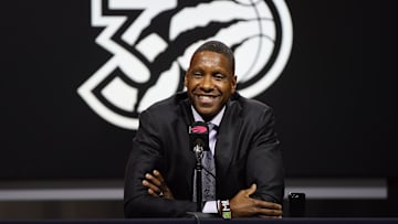 Sep 30, 2024; Toronto, Ontario, Canada; Toronto Raptors vice chairman and team president Masai Ujiri  talks to the media during media day at Scotiabank Area. Mandatory Credit: John E. Sokolowski-Imagn Images