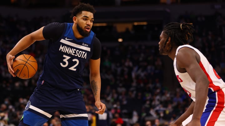 Feb 6, 2022; Minneapolis, Minnesota, USA; Minnesota Timberwolves center Karl-Anthony Towns (32): Harrison Barden-USA TODAY Sports