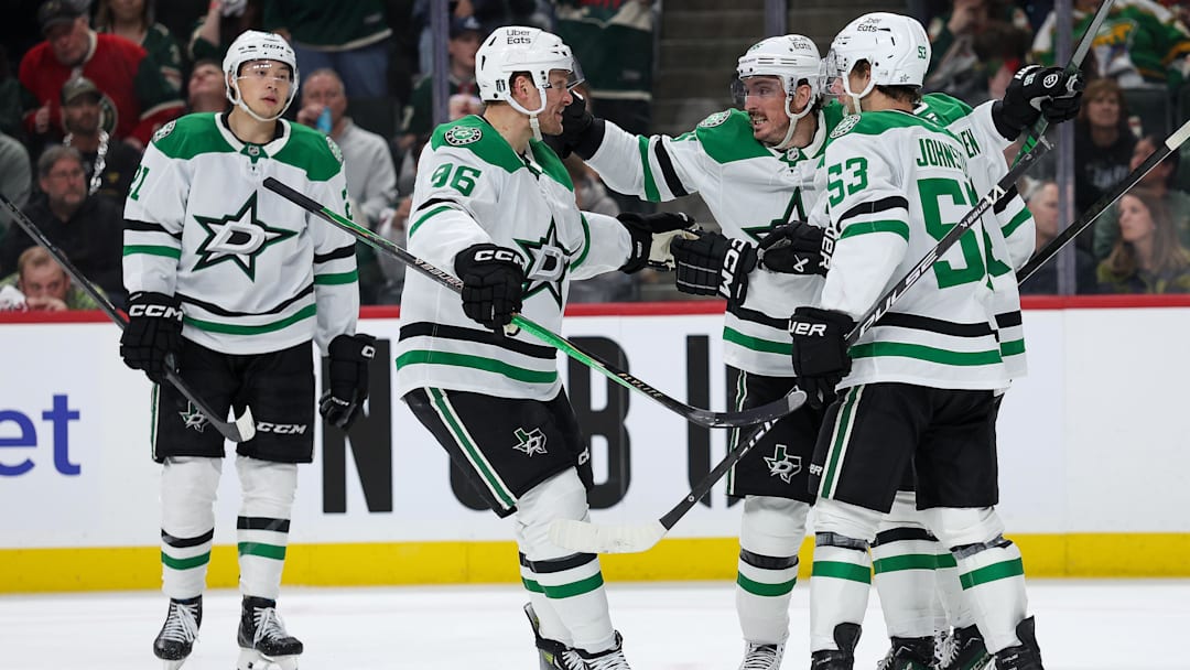 Apr 22, 2026; Saint Paul, Minnesota, USA; Dallas Stars center Matt Duchene (95) celebrates his goal against the Minnesota Wild during the third period in game three of the first round of the 2026 Stanley Cup Playoffs at Grand Casino Arena. Mandatory Credit: Matt Krohn-Imagn Images