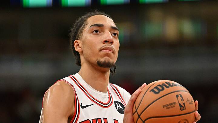 Oct 9, 2025; Chicago, Illinois, USA; Chicago Bulls forward Noa Essengue (24) takes a free-throw shot against the Cleveland Cavaliers during the second half at United Center. Mandatory Credit: Patrick Gorski-Imagn Images
