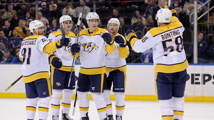 Nov 10, 2025; New York, New York, USA; Nashville Predators right wing Matthew Wood (71) celebrates his goal against the New York Rangers with teammates during the first period at Madison Square Garden. Mandatory Credit: Brad Penner-Imagn Images