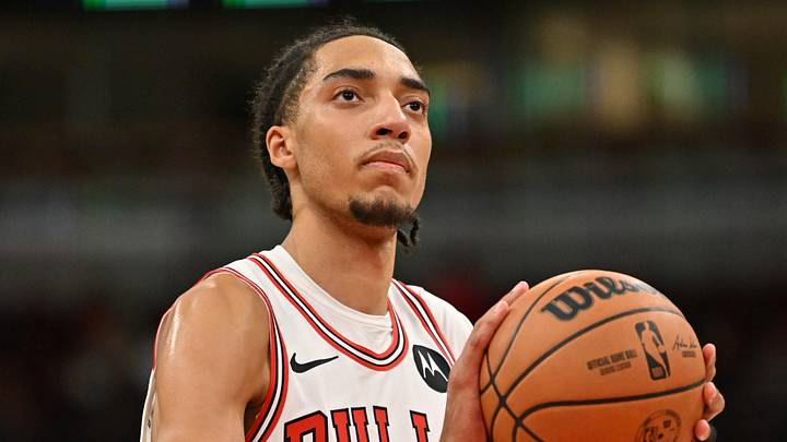 Oct 9, 2025; Chicago, Illinois, USA; Chicago Bulls forward Noa Essengue (24) takes a free-throw shot against the Cleveland Cavaliers during the second half at United Center. Mandatory Credit: Patrick Gorski-Imagn Images