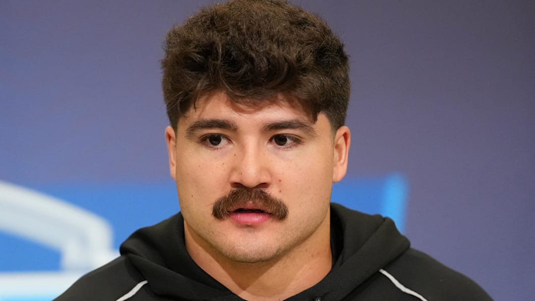 Feb 25, 2026; Indianapolis, IN, USA; Texas Tech linebacker Jacob Rodriguez (LB21) speaks during the NFL Scouting Combine at the Indiana Convention Center. Mandatory Credit: Kirby Lee-Imagn Images
