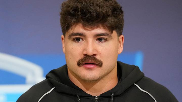 Feb 25, 2026; Indianapolis, IN, USA; Texas Tech linebacker Jacob Rodriguez (LB21) speaks during the NFL Scouting Combine at the Indiana Convention Center. Mandatory Credit: Kirby Lee-Imagn Images
