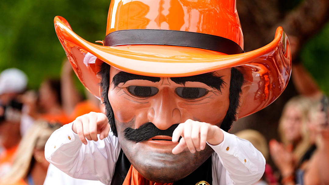 Pistol Pete is pictured during the Spirit Walk before the college football game between the Oklahoma State Cowboys and South Dakota State Jackrabbits at Boone Pickens Stadium in Stillwater, Okla., Saturday, Aug., 31, 2024.