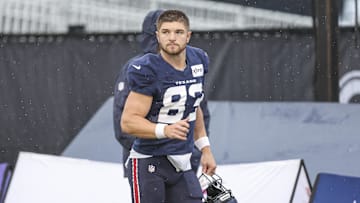 Jul 27, 2024; Houston, TX, USA; Houston Texans wide receiver Jadon Janke (83) jogs on the field at Houston Methodist Training Center. Mandatory Credit: Troy Taormina-Imagn Images