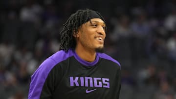 Apr 11, 2025; Sacramento, California, USA; Sacramento Kings center Isaac Jones (3) before the game against the Los Angeles Clippers at Golden 1 Center. Mandatory Credit: Darren Yamashita-Imagn Images