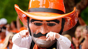 Pistol Pete is pictured during the Spirit Walk before the college football game between the Oklahoma State Cowboys and South Dakota State Jackrabbits at Boone Pickens Stadium in Stillwater, Okla., Saturday, Aug., 31, 2024.