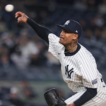 Apr 23, 2024; Bronx, New York, USA; New York Yankees relief pitcher Dennis Santana (53) delivers a pitch during the eighth inning against the Oakland Athletics at Yankee Stadium. Mandatory Credit: Vincent Carchietta-Imagn Images