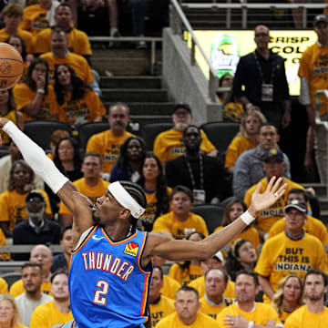 Jun 11, 2025; Indianapolis, Indiana, USA; Indiana Pacers center Myles Turner (33) drives to the basket against Oklahoma City Thunder guard Shai Gilgeous-Alexander (2)  in game three of the 2025 NBA Finals at Gainbridge Fieldhouse. Mandatory Credit: Kyle Terada-Imagn Images