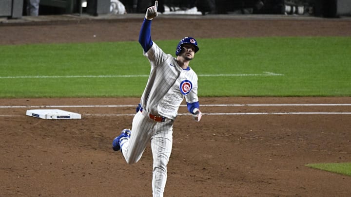 Oct 9, 2025; Chicago, Illinois, USA; Chicago Cubs right fielder Kyle Tucker (30) reacts after hitting a home run against the Milwaukee Brewers during the seventh inning in game four of the NLDS round for the 2025 MLB playoffs at Wrigley Field. Mandatory Credit: Matt Marton-Imagn Images