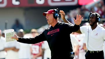 Nov 16, 2024; Tuscaloosa, AL, USA; Alabama Crimson Tide head coach Kalen DeBoer protests a personal foul call against Alabama during the game with Mercer at Bryant-Denny Stadium. Mandatory Credit: Gary Cosby Jr.-Tuscaloosa News