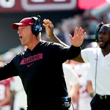 Nov 16, 2024; Tuscaloosa, AL, USA; Alabama Crimson Tide head coach Kalen DeBoer protests a personal foul call against Alabama during the game with Mercer at Bryant-Denny Stadium. Mandatory Credit: Gary Cosby Jr.-Tuscaloosa News
