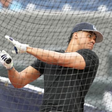 Jun 28, 2024; Toronto, Ontario, CAN; New York Yankees outfielder Juan Soto (22) takes batting practice before a game against the Toronto Blue Jays at Rogers Centre. Mandatory Credit: Nick Turchiaro-USA TODAY Sports