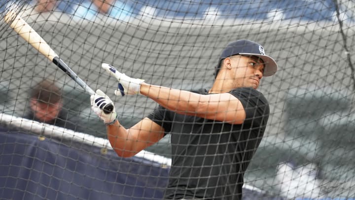 Jun 28, 2024; Toronto, Ontario, CAN; New York Yankees outfielder Juan Soto (22) takes batting practice before a game against the Toronto Blue Jays at Rogers Centre. Mandatory Credit: Nick Turchiaro-USA TODAY Sports