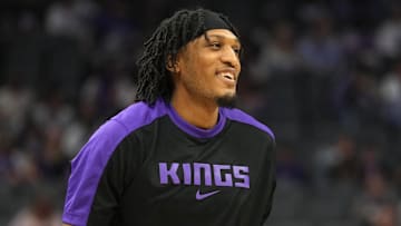 Apr 11, 2025; Sacramento, California, USA; Sacramento Kings center Isaac Jones (3) before the game against the Los Angeles Clippers at Golden 1 Center. Mandatory Credit: Darren Yamashita-Imagn Images